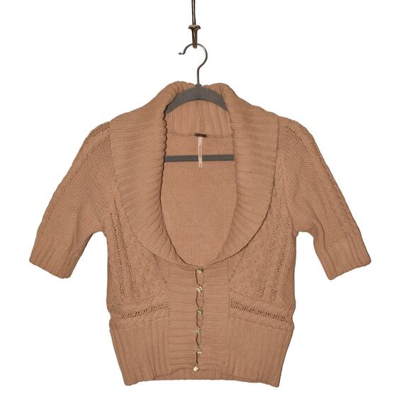 FREE PEOPLE $118 Elbow Sleeve Cable‎ Knit Cropped Cardigan in Tan Medium - Picture 1 of 4